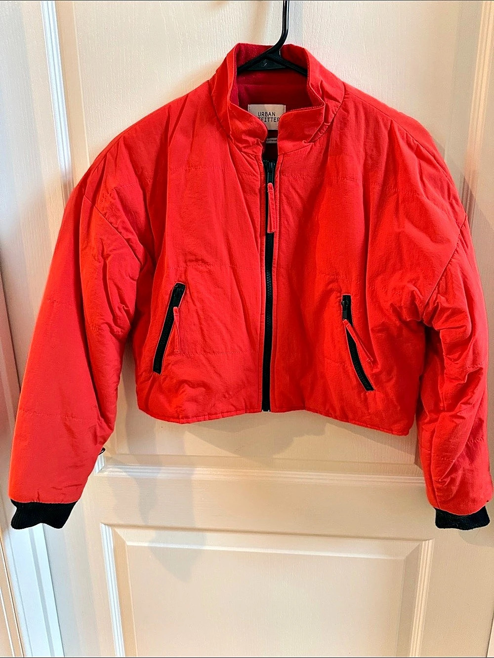 Urban Outfitters Red-Orange Puffer CROP Jacket Size Small Like New